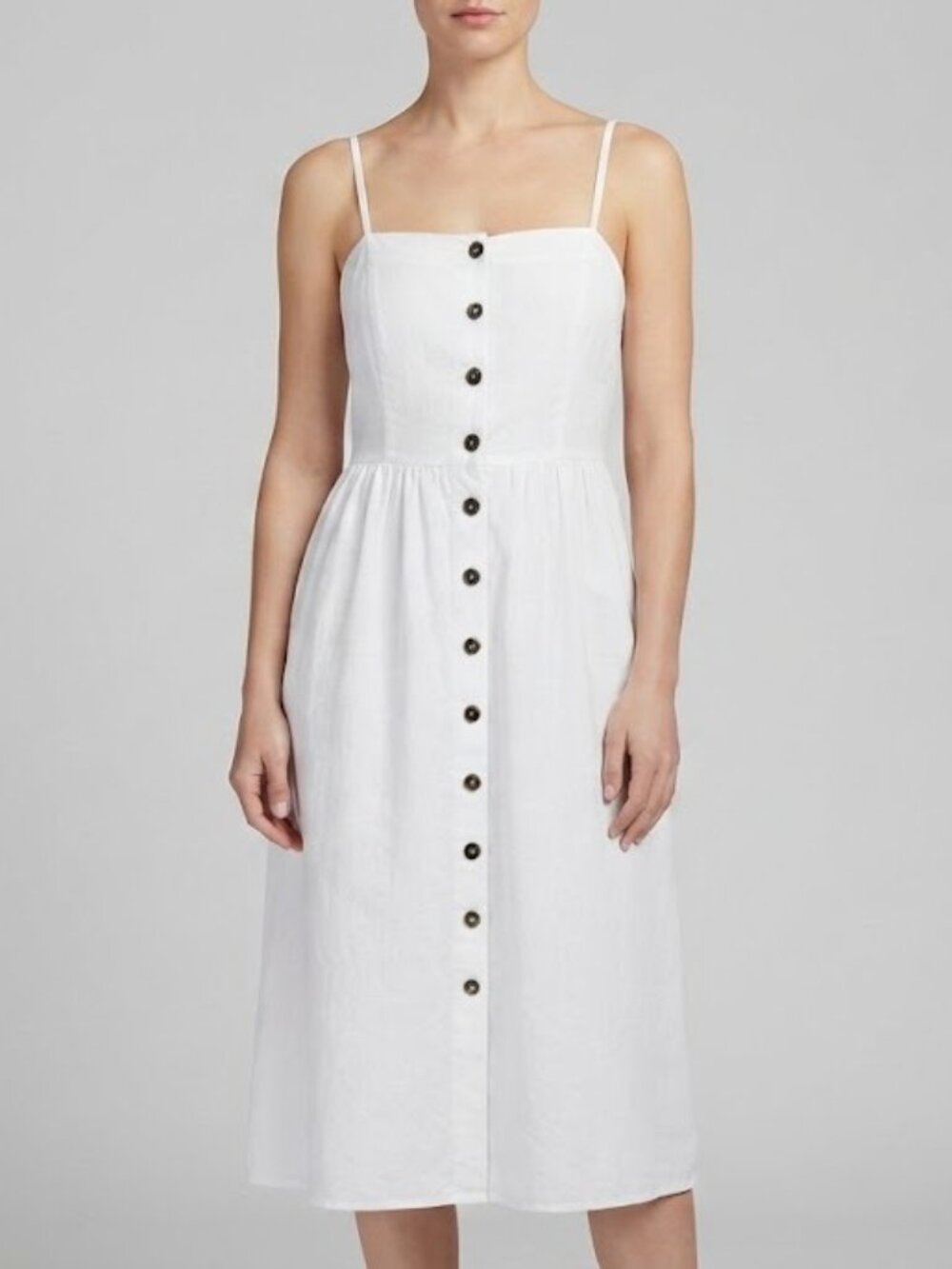 White Button-Front Linen Blend Midi Sundress